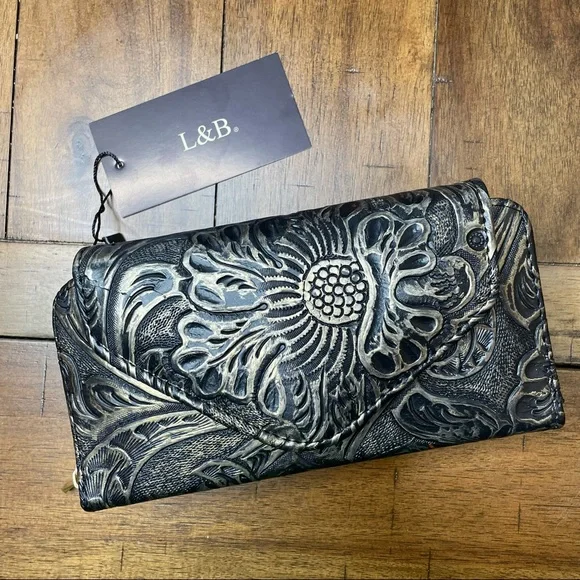 L&B Black & Gold tooled crossbody strap wallet - Picture 2 of 9